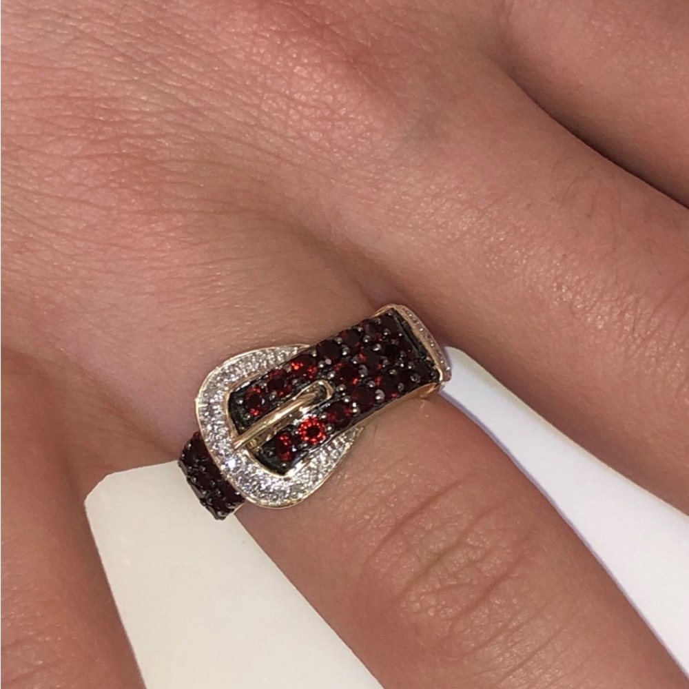 Solid 10K Yellow Gold Natural Garnet Gemstone Diamond Buckle Ring (not 14K )